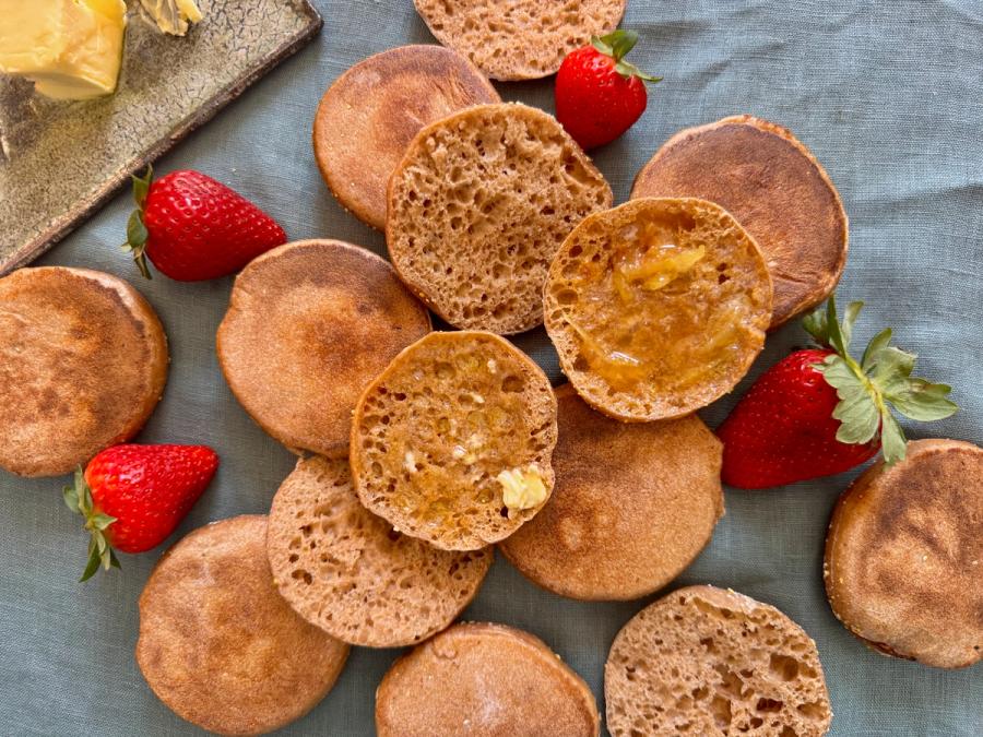 Freshly baked sourdough whole grain English muffins