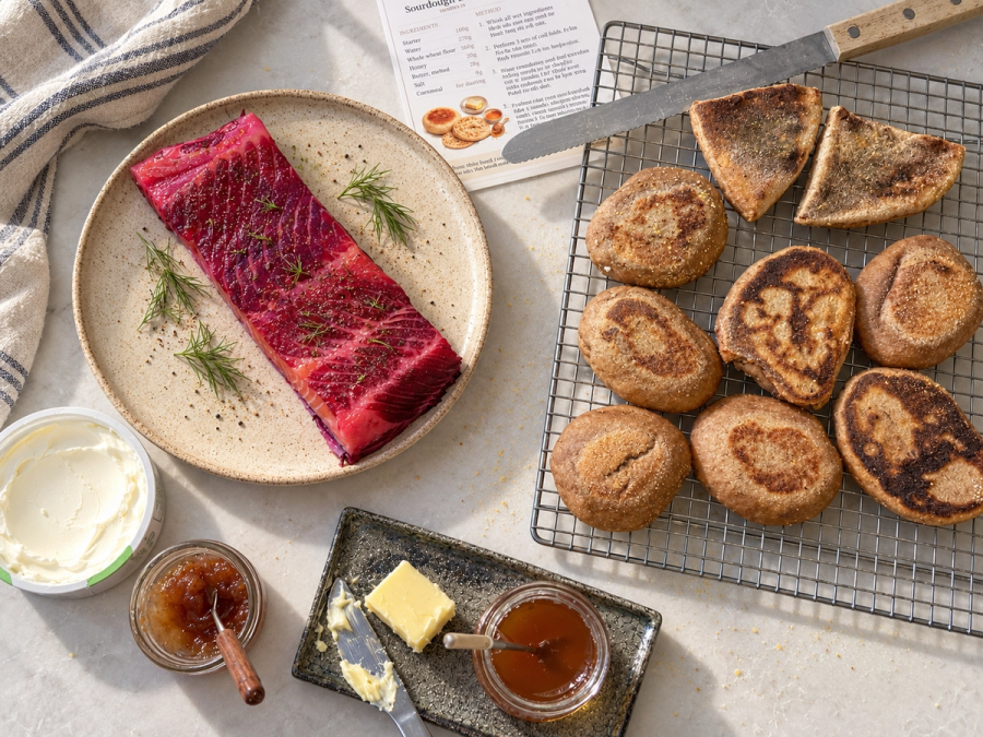 Sourdough English muffins with beet and dill trout gravlax