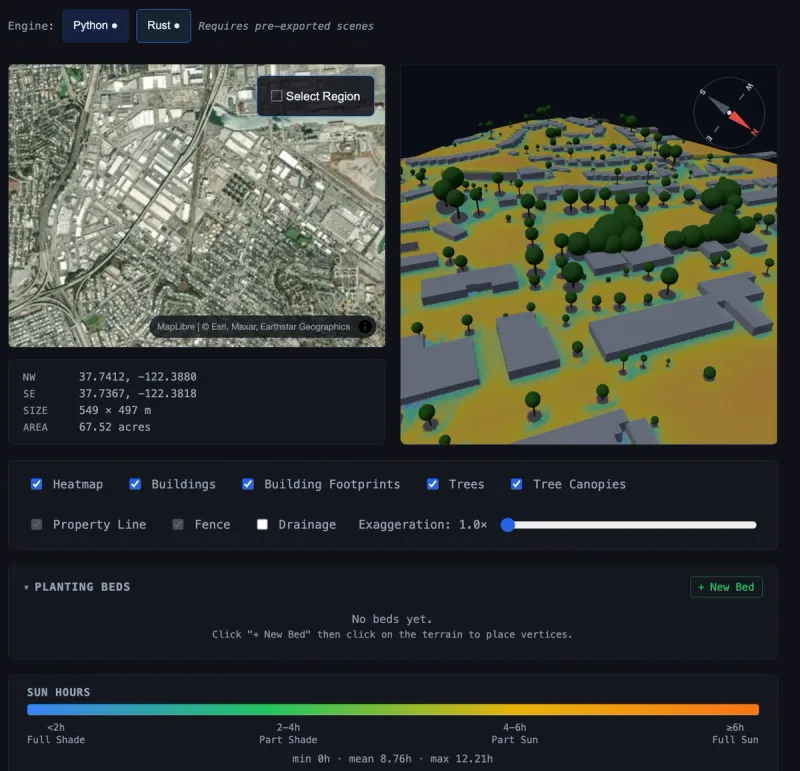 User interface showing a map selection component, a visualization of sun exposure on a hilly 3D terrain, and controls for the tool