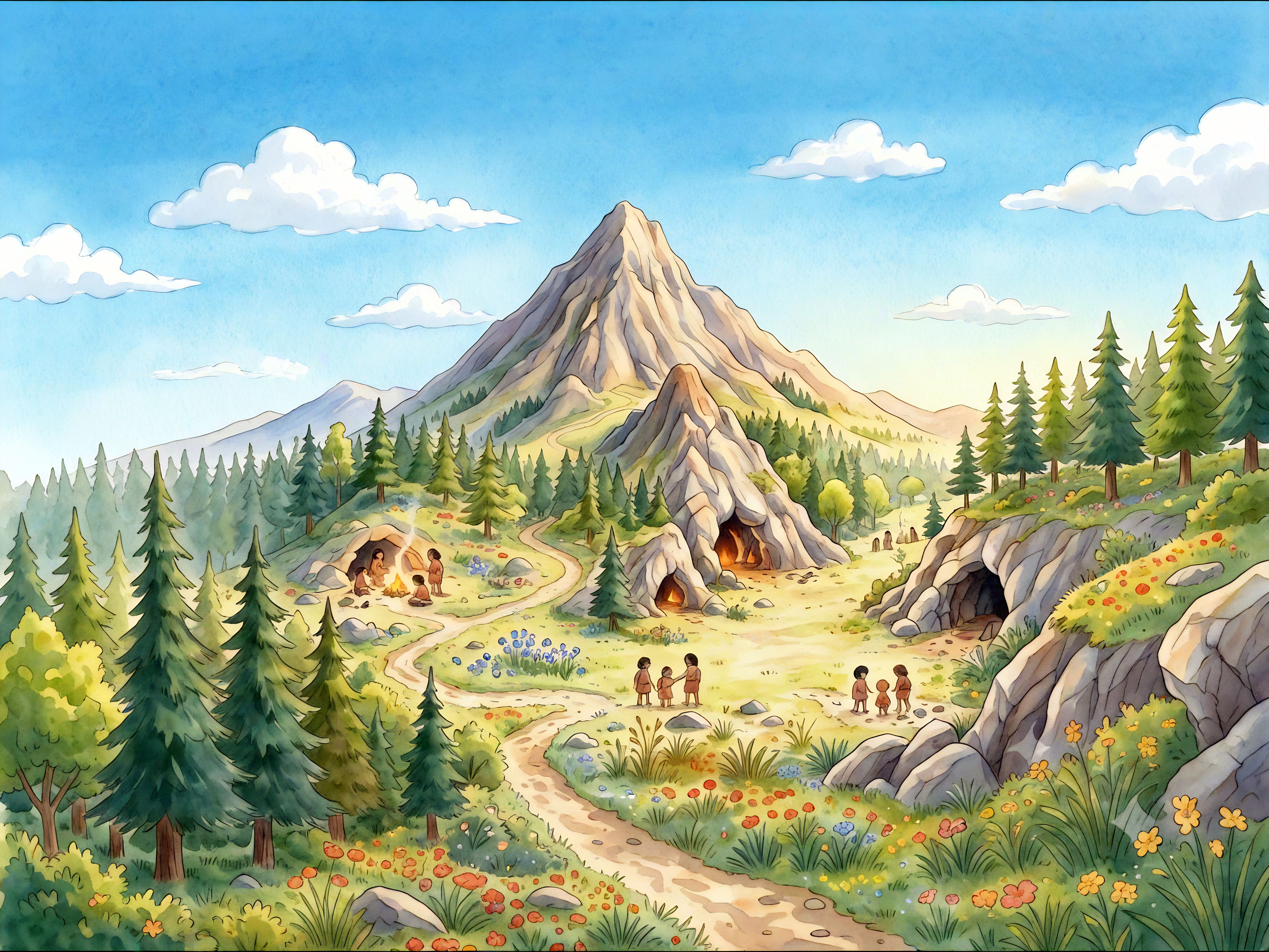 Families living in the mountains in the Stone Age