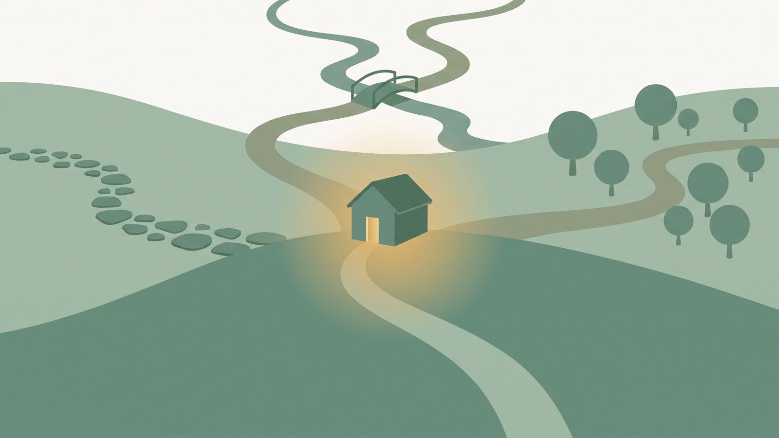 Flat vector illustration of several different winding paths, one with stepping stones and one crossing a small footbridge, all converging on one small house with warm golden light in its doorway, representing the types of trauma therapy as different ways home