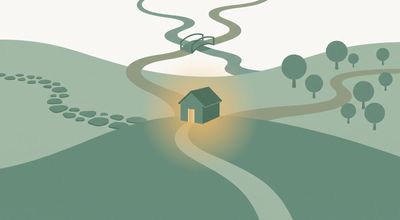 Flat vector illustration of several different winding paths, one with stepping stones and one crossing a small footbridge, all converging on one small house with warm golden light in its doorway, representing the types of trauma therapy as different ways home