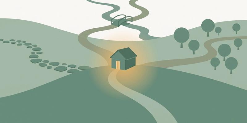 Flat vector illustration of several different winding paths, one with stepping stones and one crossing a small footbridge, all converging on one small house with warm golden light in its doorway, representing the types of trauma therapy as different ways home