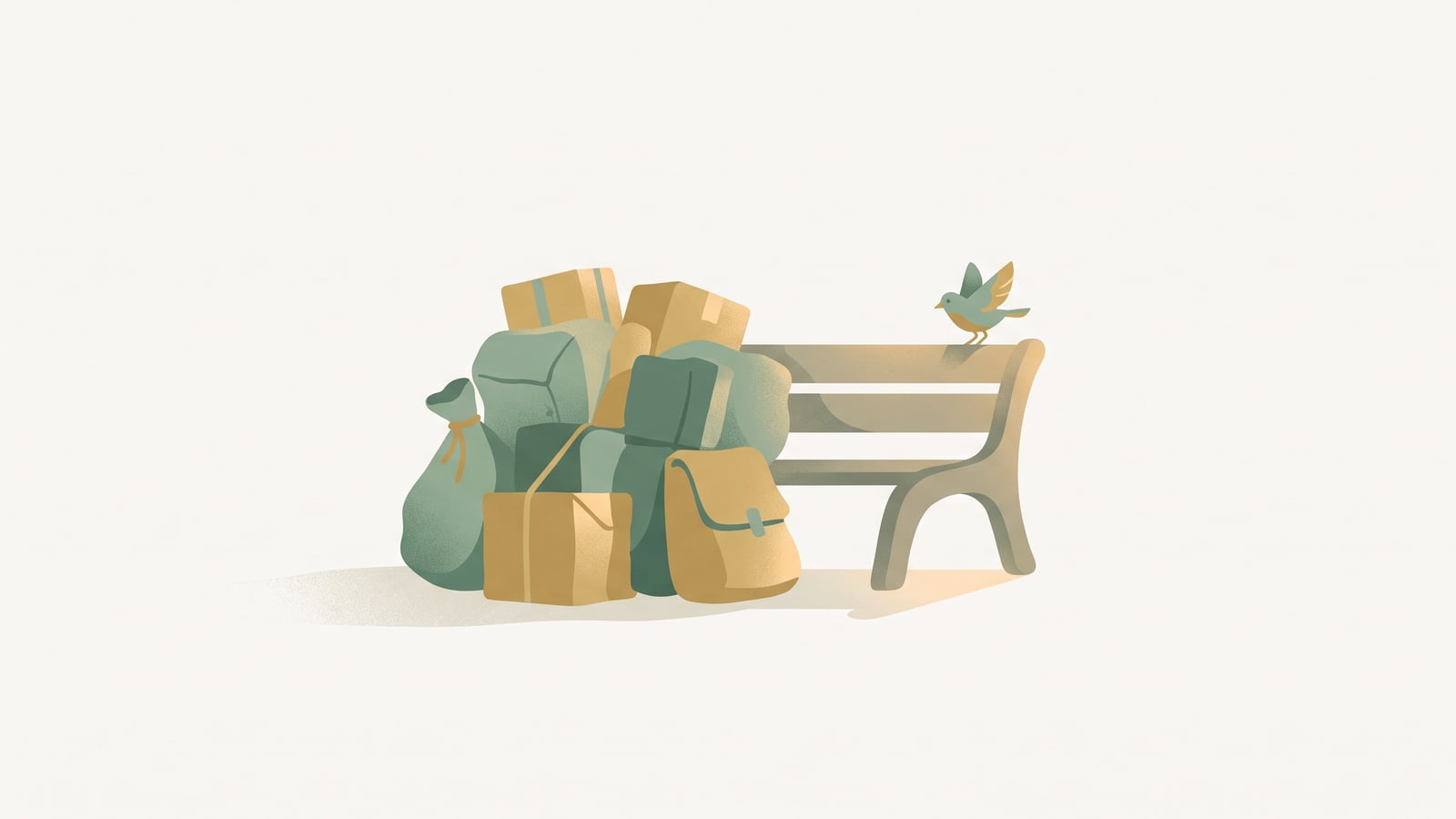 Flat vector illustration of a bundle of parcels set down beside a park bench with a small bird alighting, representing putting down apologies that were never yours to carry