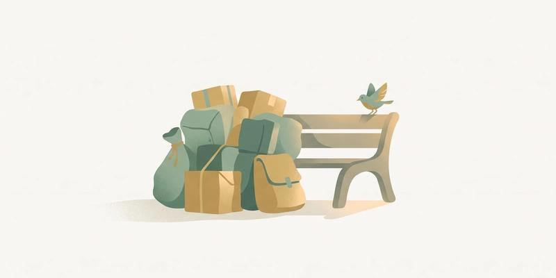 Flat vector illustration of a bundle of parcels set down beside a park bench with a small bird alighting, representing putting down apologies that were never yours to carry