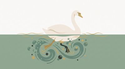 Flat vector illustration of a swan gliding calmly on the surface while its legs paddle hard beneath the waterline, a metaphor for high-functioning anxiety