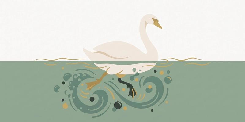 Flat vector illustration of a swan gliding calmly on the surface while its legs paddle hard beneath the waterline, a metaphor for high-functioning anxiety