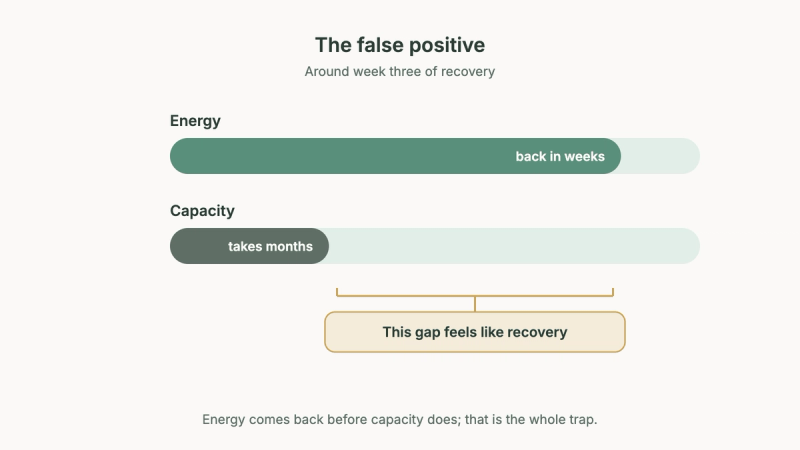 Two bars compare week three of burnout recovery: the energy bar is nearly full, labelled back in weeks, while the capacity bar is only a third full, labelled takes months; a gold bracket marks the gap between them with the words this gap feels like recovery