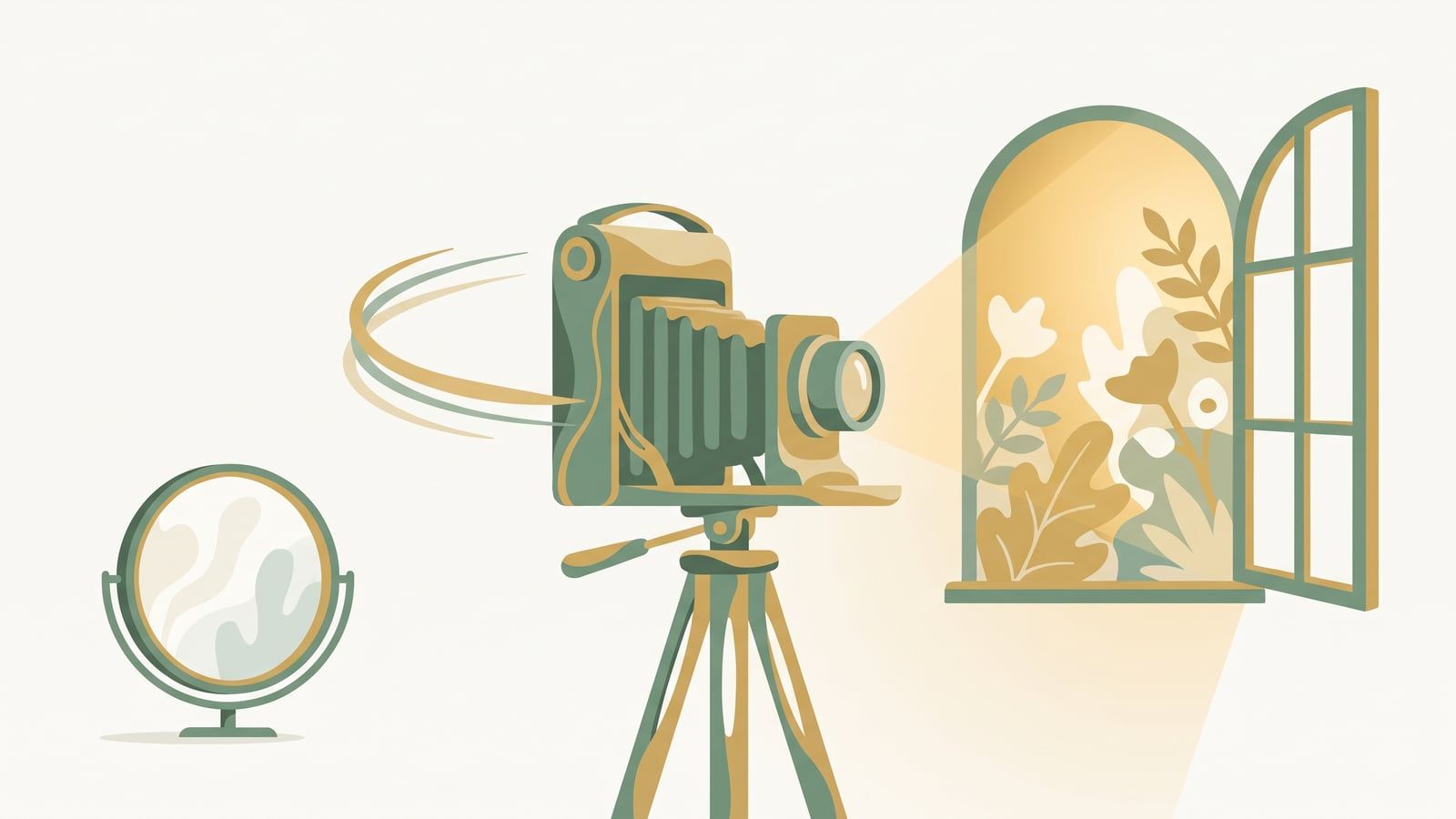 Flat vector illustration of a camera on a tripod turning away from a mirror towards an open window with a garden, representing attention swinging outward in social anxiety