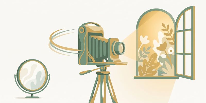 Flat vector illustration of a camera on a tripod turning away from a mirror towards an open window with a garden, representing attention swinging outward in social anxiety