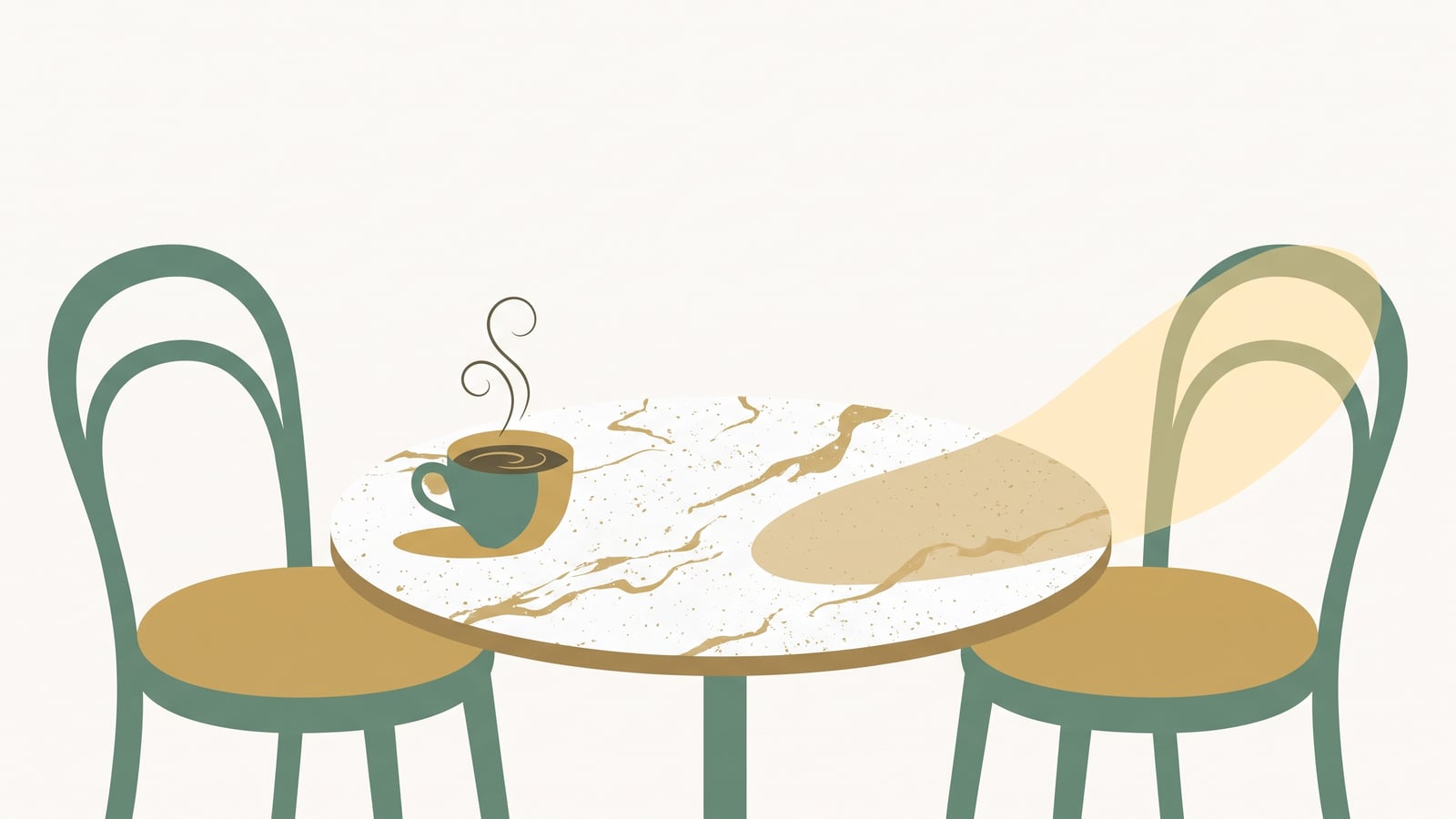 Flat vector illustration of a kopitiam marble table with one cup of kopi and an empty chair, representing the quiet grief of a friendship breakup