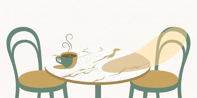Flat vector illustration of a kopitiam marble table with one cup of kopi and an empty chair, representing the quiet grief of a friendship breakup