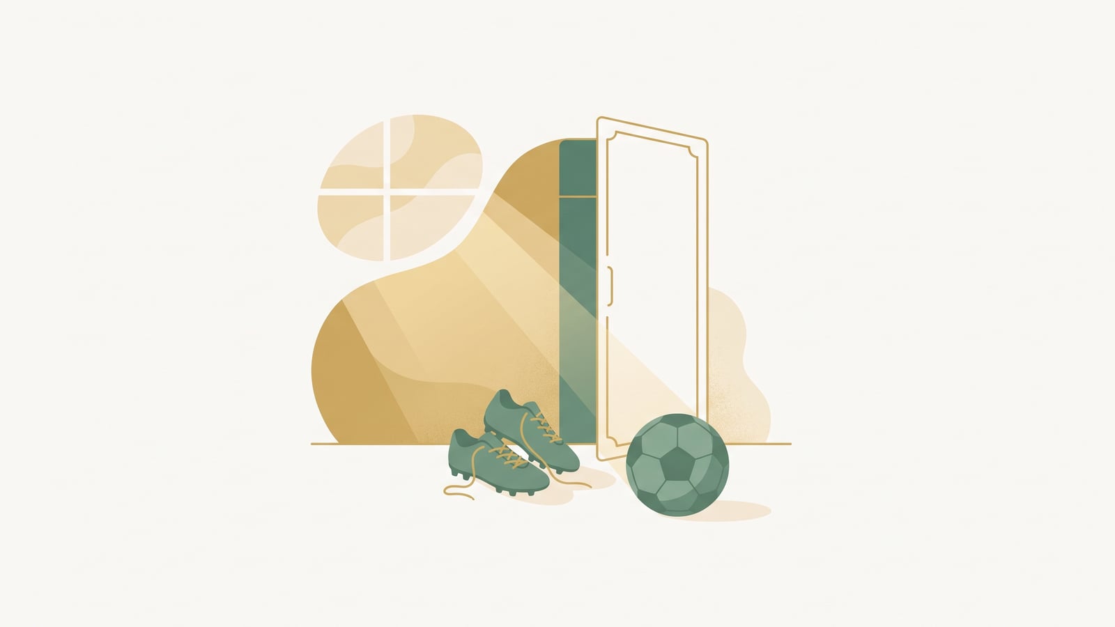 Flat vector illustration of children’s football boots and a ball beside an open door in soft light, representing an anxious child’s world beginning to widen again