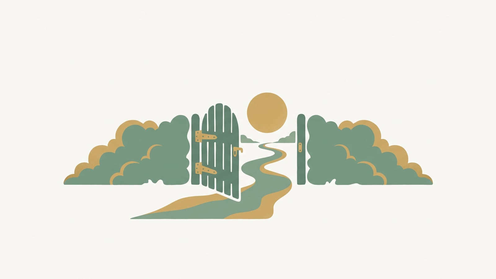 Flat vector illustration of a garden gate standing slightly ajar with a path leading to a warm garden, representing forgiveness held together with boundaries