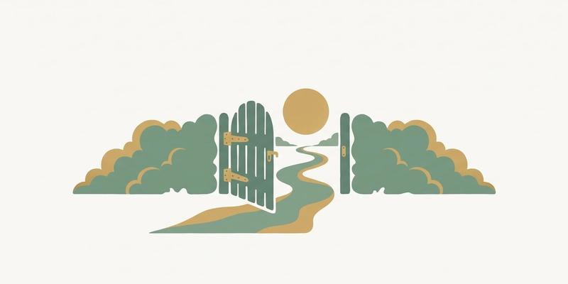 Flat vector illustration of a garden gate standing slightly ajar with a path leading to a warm garden, representing forgiveness held together with boundaries