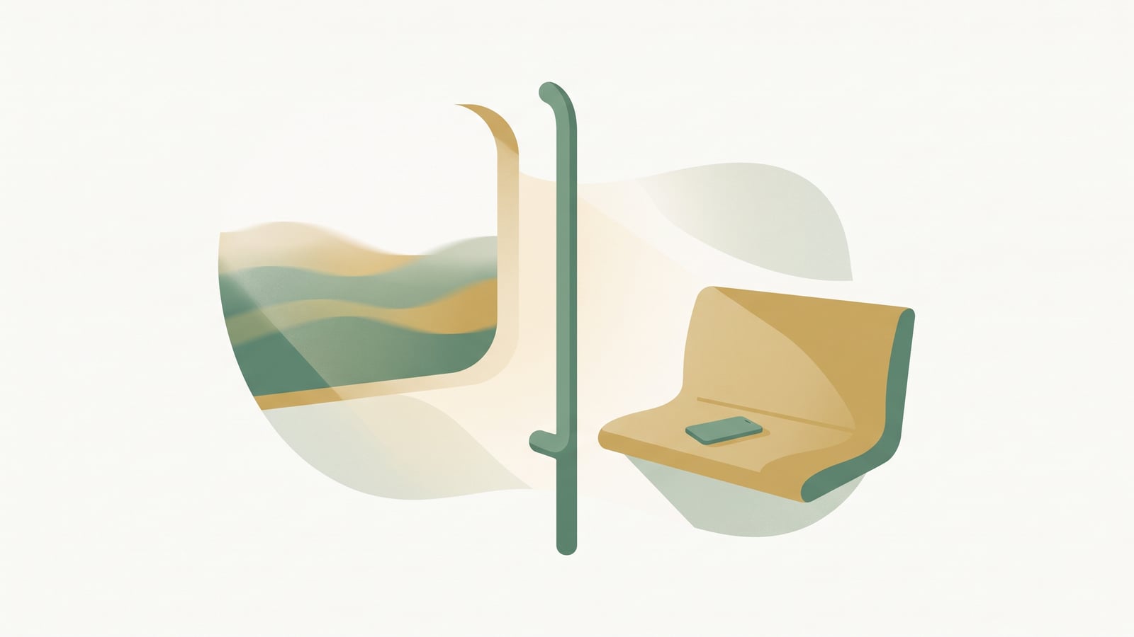 Flat vector illustration of a calm empty train carriage with a phone face down on a seat, representing everyday dissociation during the commute
