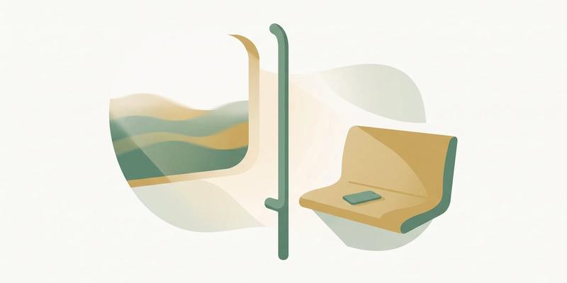 Flat vector illustration of a calm empty train carriage with a phone face down on a seat, representing everyday dissociation during the commute