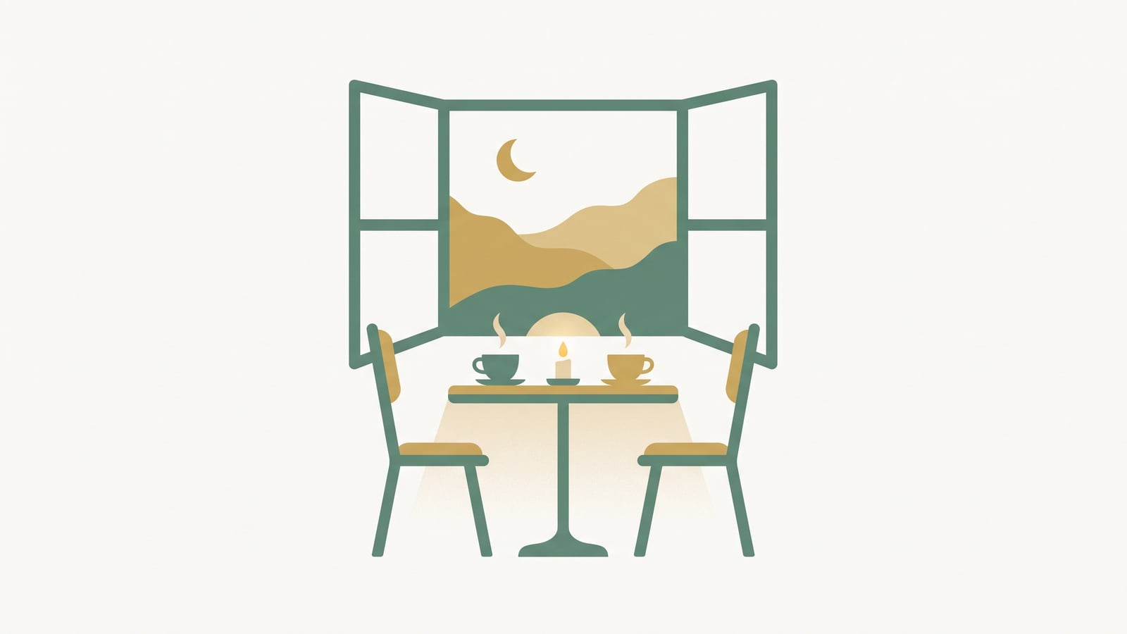 Flat vector illustration of a cafe table for two with warm cups and a candle and no phones, representing the unhurried bandwidth that dating and intimacy need