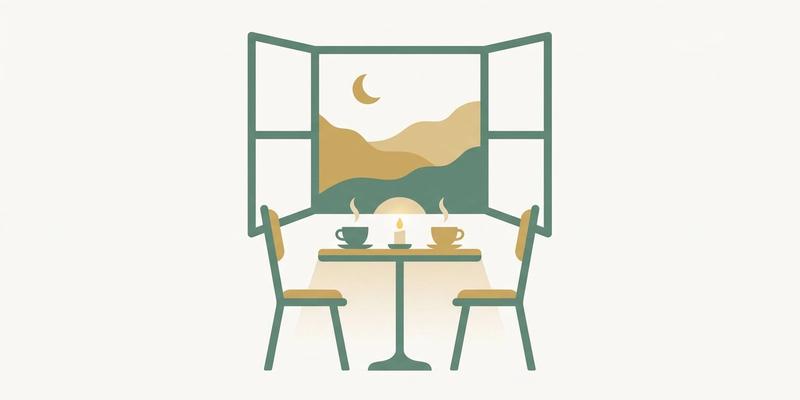 Flat vector illustration of a cafe table for two with warm cups and a candle and no phones, representing the unhurried bandwidth that dating and intimacy need