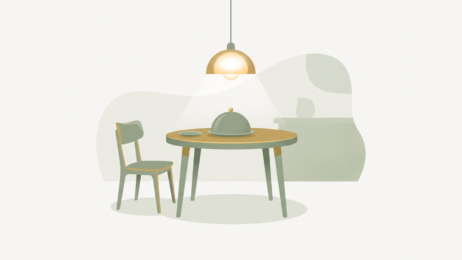 Flat vector illustration of a covered dinner waiting on a quiet table beside one empty chair, representing childhood emotional neglect where provision was present but presence absent