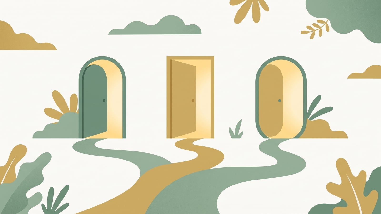 Flat vector illustration of three different doorways with paths leading to each, representing the choice between a counsellor, psychologist and psychiatrist in Singapore