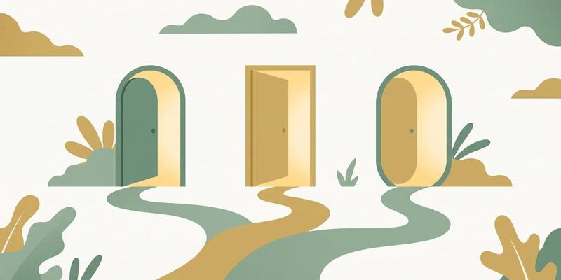 Flat vector illustration of three different doorways with paths leading to each, representing the choice between a counsellor, psychologist and psychiatrist in Singapore