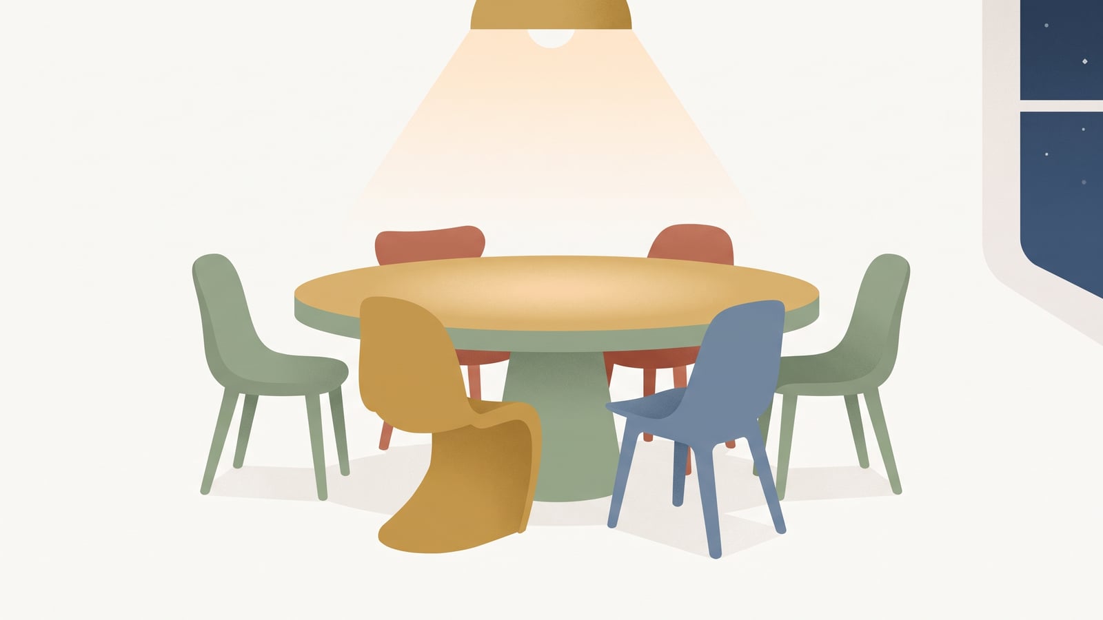 Flat vector illustration of distinct empty chairs gathered around a warm kitchen table under lamplight, representing every inner part having a seat at the table