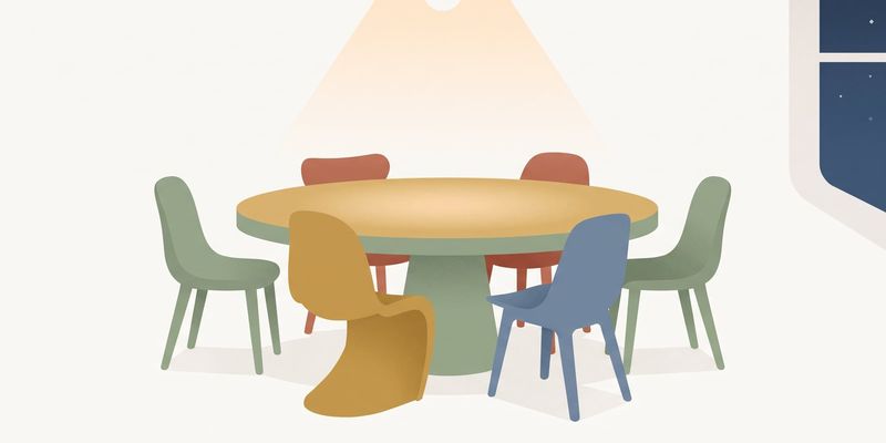 Flat vector illustration of distinct empty chairs gathered around a warm kitchen table under lamplight, representing every inner part having a seat at the table