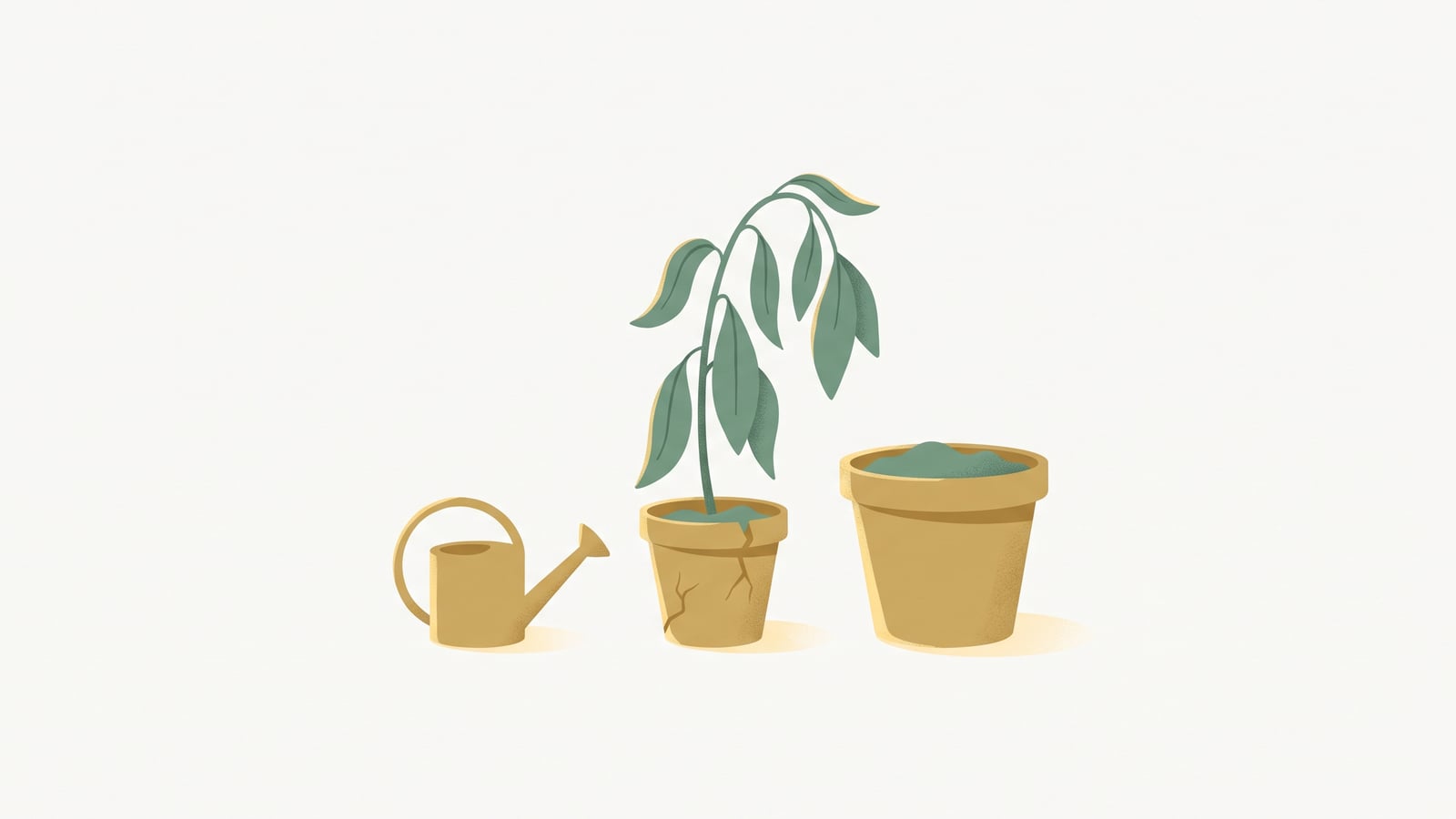 Flat vector illustration of a wilting plant in a cracked too-small pot beside a watering can and a larger pot, representing burnout recovery needing repair rather than rest