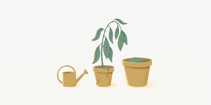Flat vector illustration of a wilting plant in a cracked too-small pot beside a watering can and a larger pot, representing burnout recovery needing repair rather than rest