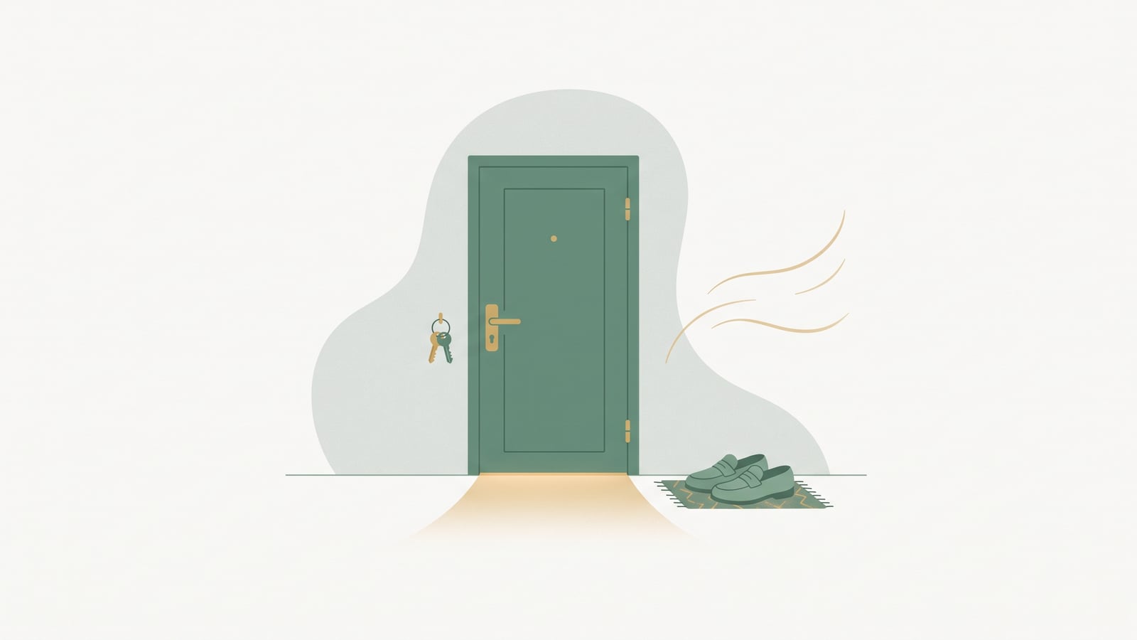 Flat vector illustration of a calm front door with keys hanging and shoes on the doormat, representing a parent pausing at the threshold to arrive settled