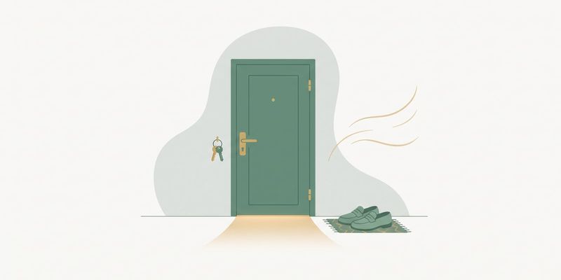 Flat vector illustration of a calm front door with keys hanging and shoes on the doormat, representing a parent pausing at the threshold to arrive settled