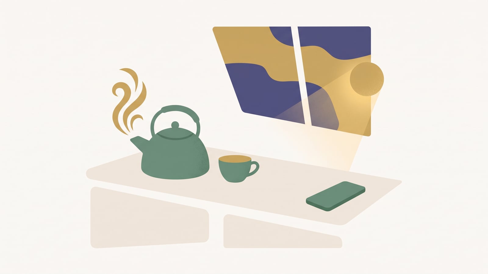Flat vector illustration of a kettle steaming beside a waiting cup with a phone face down at dusk, representing a parent coming home to themselves first