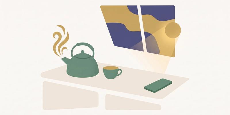 Flat vector illustration of a kettle steaming beside a waiting cup with a phone face down at dusk, representing a parent coming home to themselves first