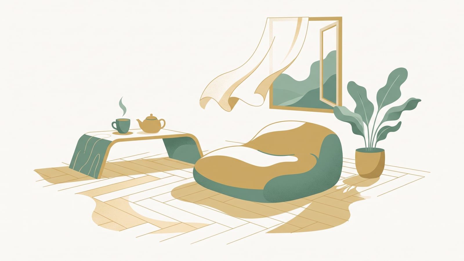 Flat vector illustration of a floor cushion, low tea table and billowing curtain in soft sunlight, representing grounding and coming home to the body