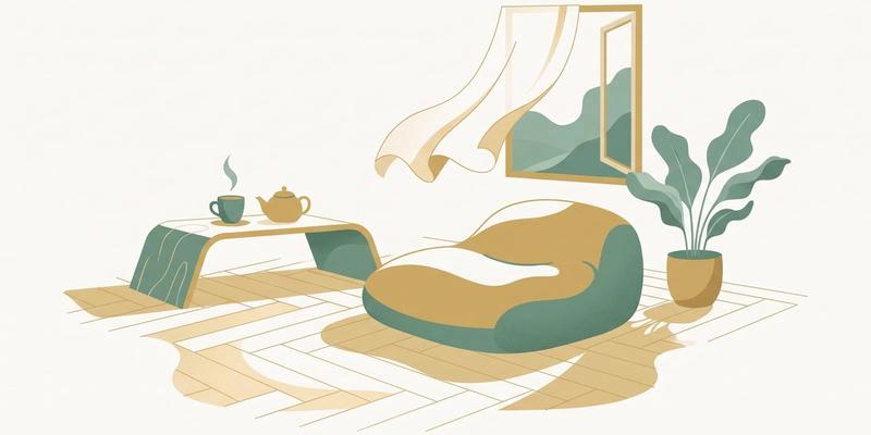 Flat vector illustration of a floor cushion, low tea table and billowing curtain in soft sunlight, representing grounding and coming home to the body