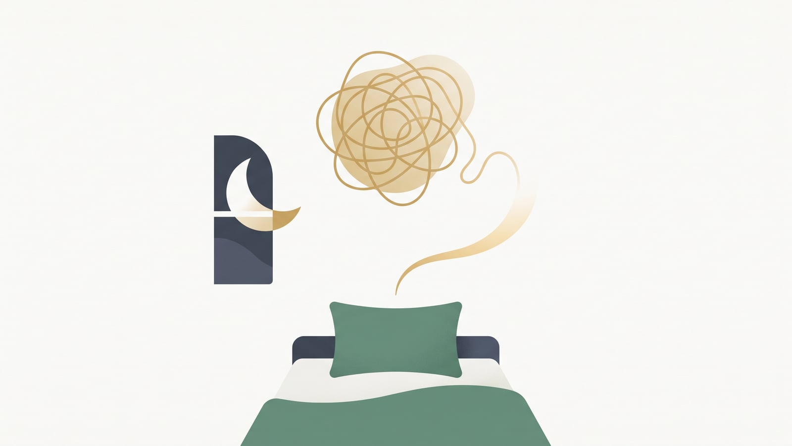 Flat vector illustration of a tangle of golden thread loosening into a single strand above a pillow at night, representing overthinking easing into a named feeling
