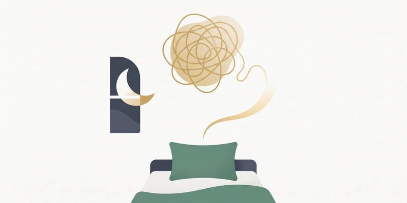 Flat vector illustration of a tangle of golden thread loosening into a single strand above a pillow at night, representing overthinking easing into a named feeling