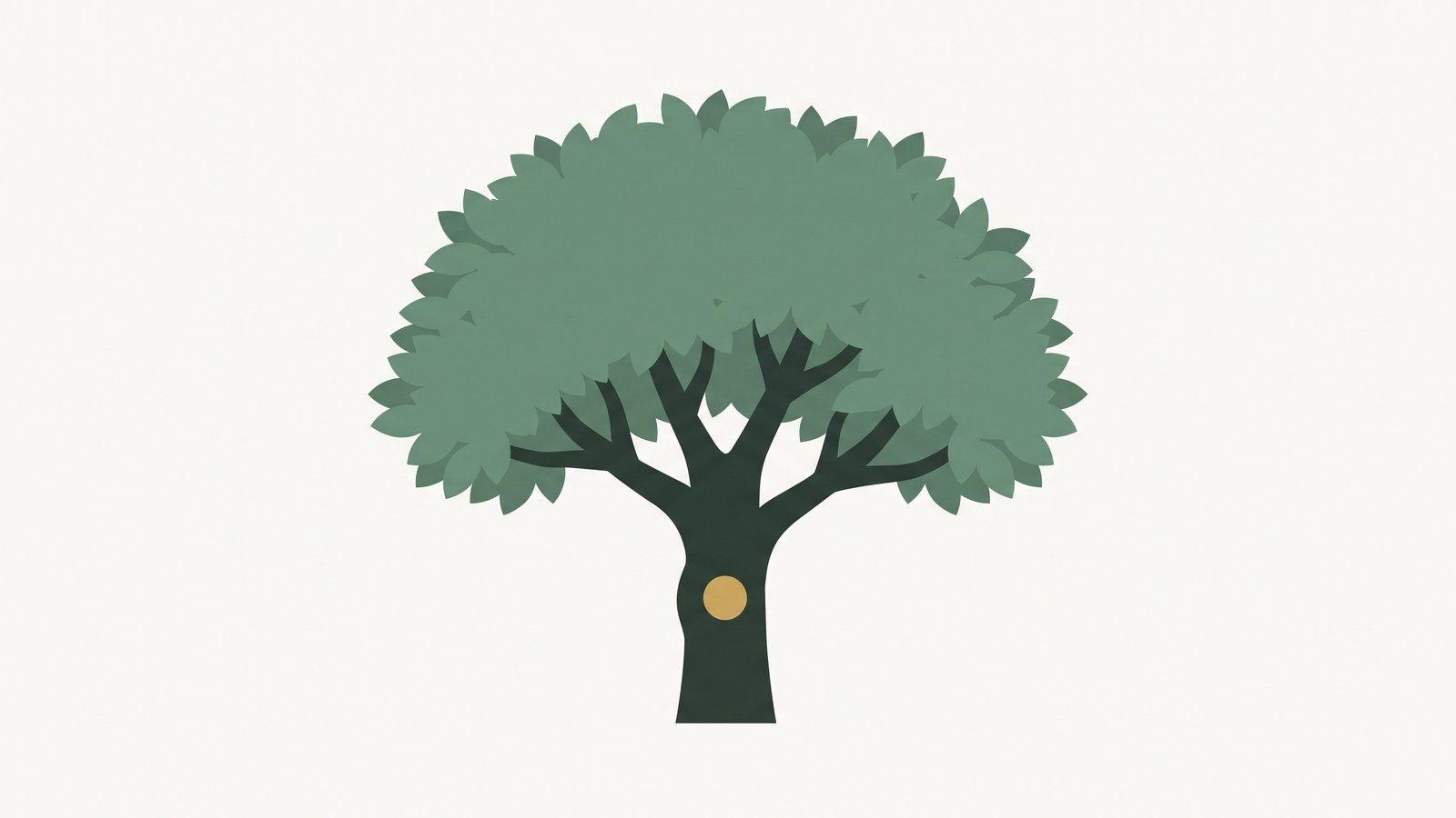 Flat illustration of a broad sage-green tree with one small gold knot low on its trunk: the old wound stays the same size while the tree grows around it