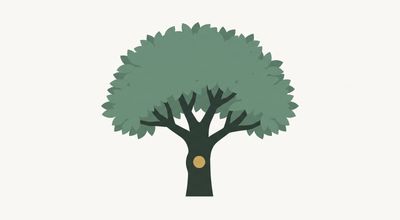 Flat illustration of a broad sage-green tree with one small gold knot low on its trunk: the old wound stays the same size while the tree grows around it