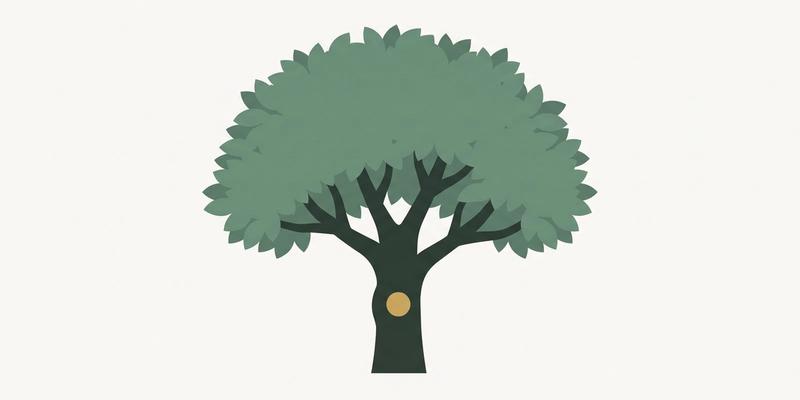Flat illustration of a broad sage-green tree with one small gold knot low on its trunk: the old wound stays the same size while the tree grows around it