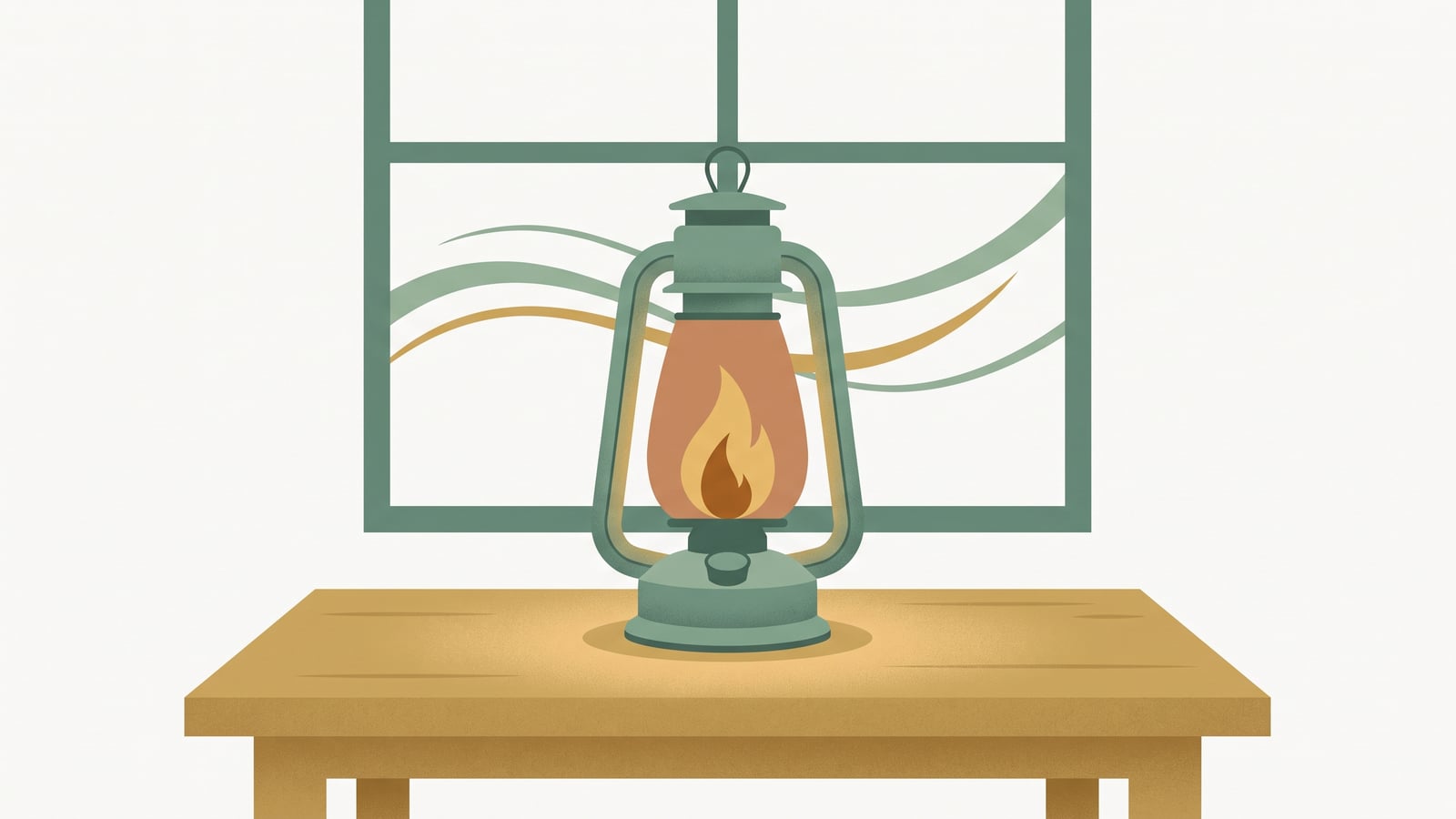 Flat vector illustration of a lantern with a steady contained flame in front of a window, representing anger at a parent as a protective signal rather than a problem