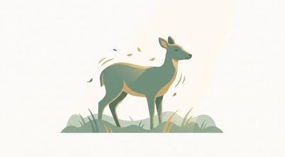 Flat vector illustration of a deer gently shaking off tension as small leaves drift from its back, representing somatic therapy completing the stress response