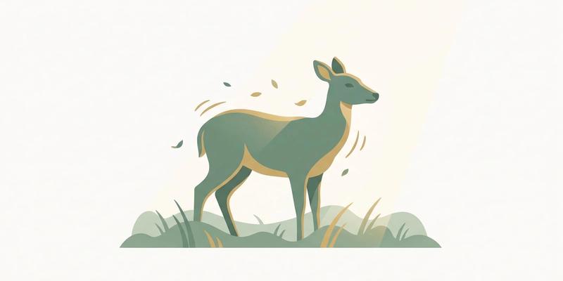 Flat vector illustration of a deer gently shaking off tension as small leaves drift from its back, representing somatic therapy completing the stress response