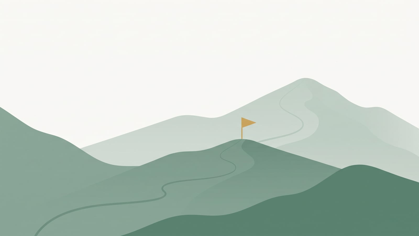 Flat vector illustration of sage green mountains where a small gold flag stands on a lower ridge while the true summit rises further behind, the false positive of burnout recovery