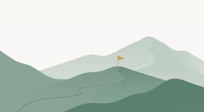 Flat vector illustration of sage green mountains where a small gold flag stands on a lower ridge while the true summit rises further behind, the false positive of burnout recovery
