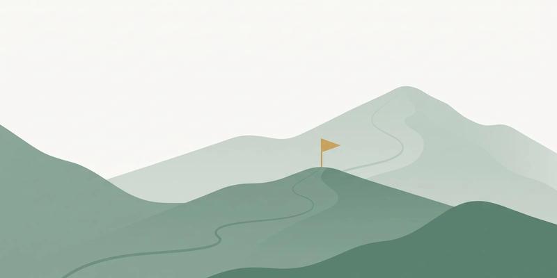Flat vector illustration of sage green mountains where a small gold flag stands on a lower ridge while the true summit rises further behind, the false positive of burnout recovery