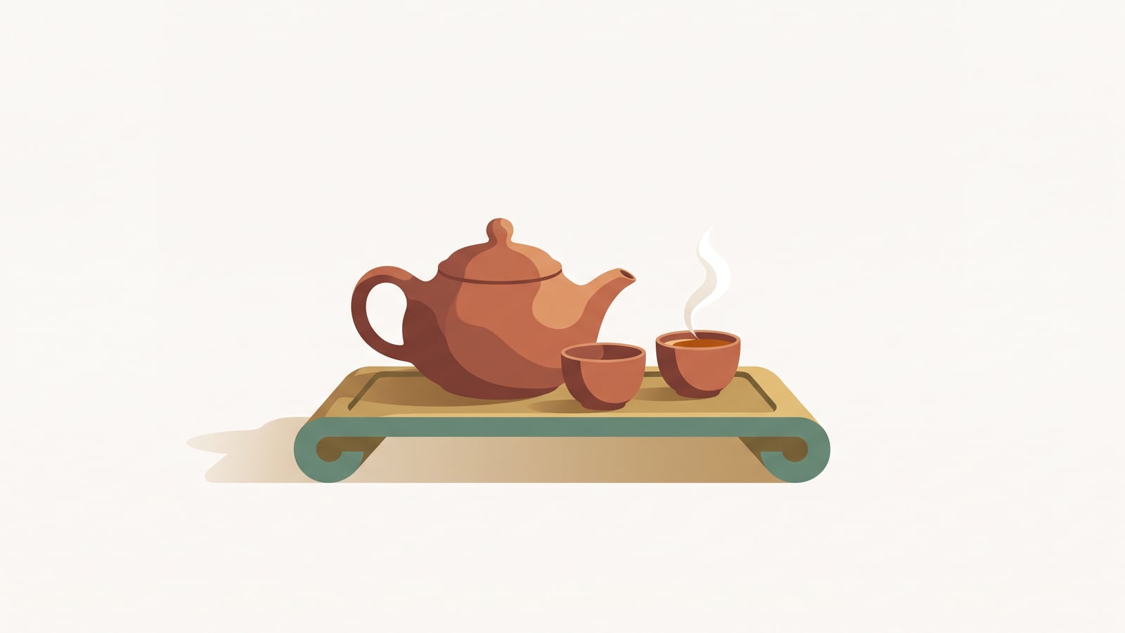 Flat vector illustration of a clay teapot and two teacups placed with care on a wooden tray, representing honouring a parent with dignity and honest limits