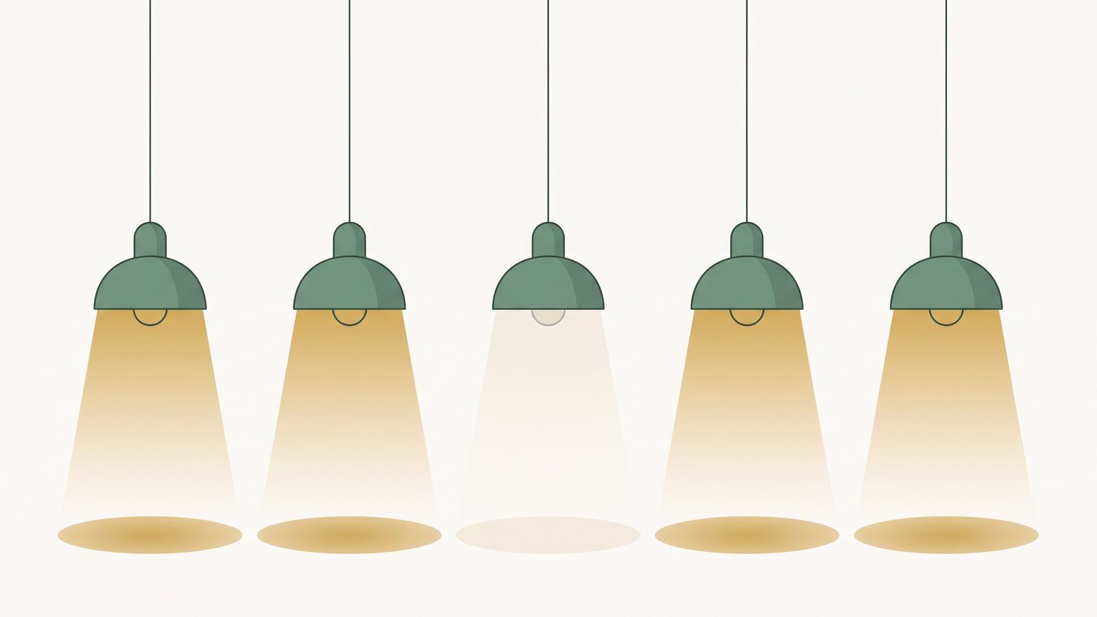 Five identical pendant lamps hanging in a row, four glowing warm gold while the one in the centre is still lit but dimmed to a faint pale glow, illustrating high-functioning depression where nothing looks different from the outside