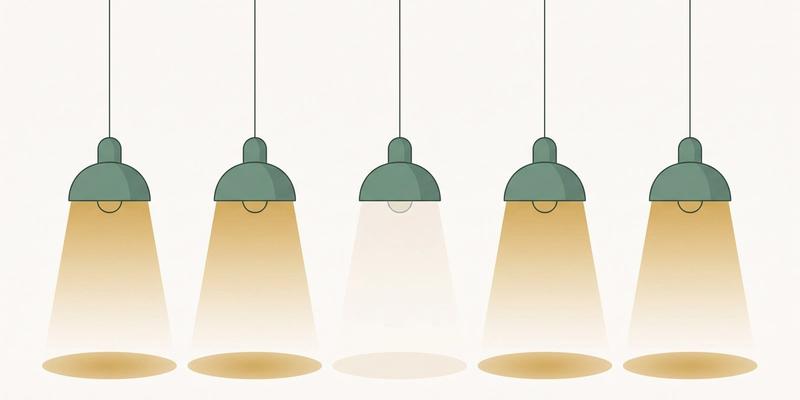 Five identical pendant lamps hanging in a row, four glowing warm gold while the one in the centre is still lit but dimmed to a faint pale glow, illustrating high-functioning depression where nothing looks different from the outside